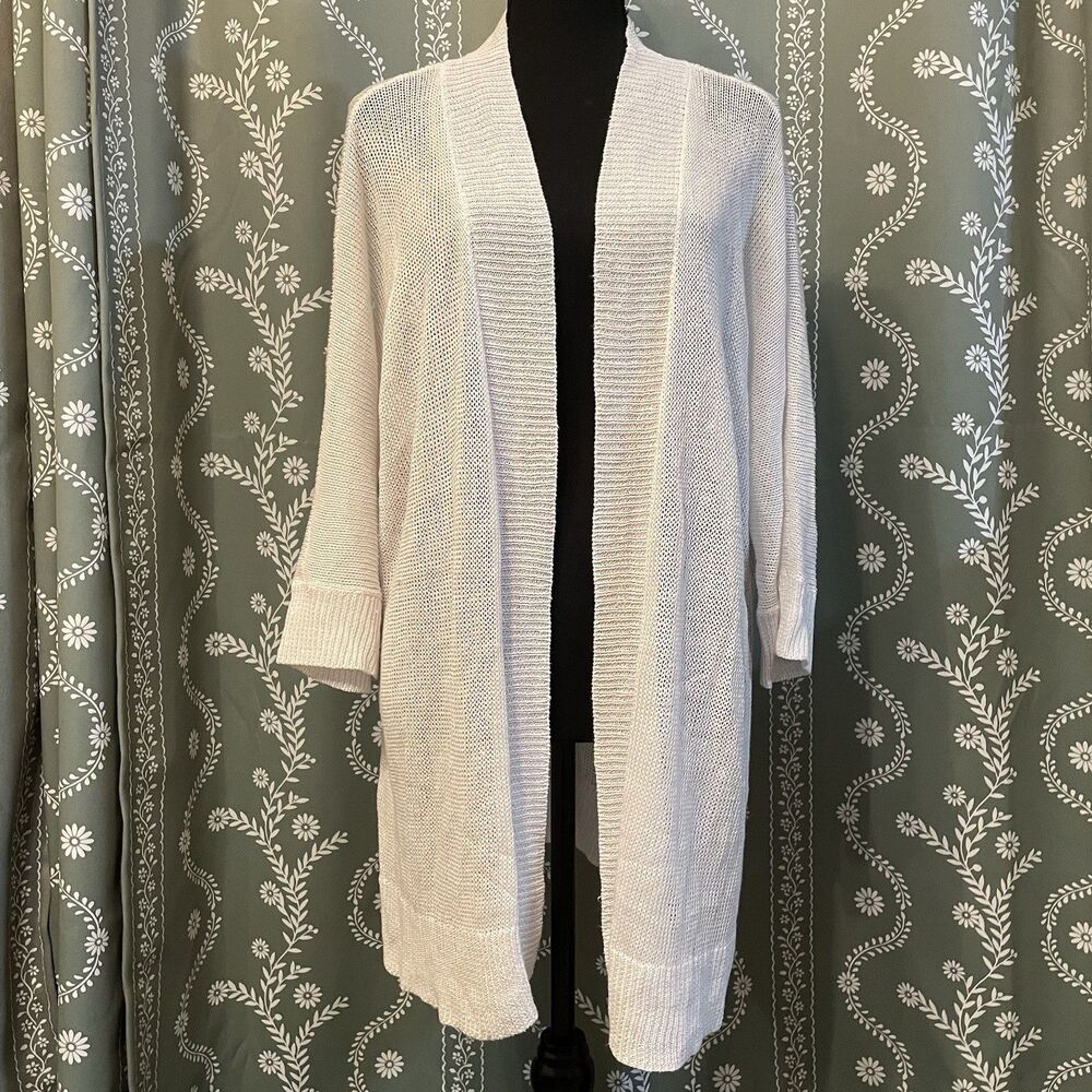 Eileen Fisher‎ Organic Linen Open Front Cardigan Sweater White 3/4 Sleeve Large